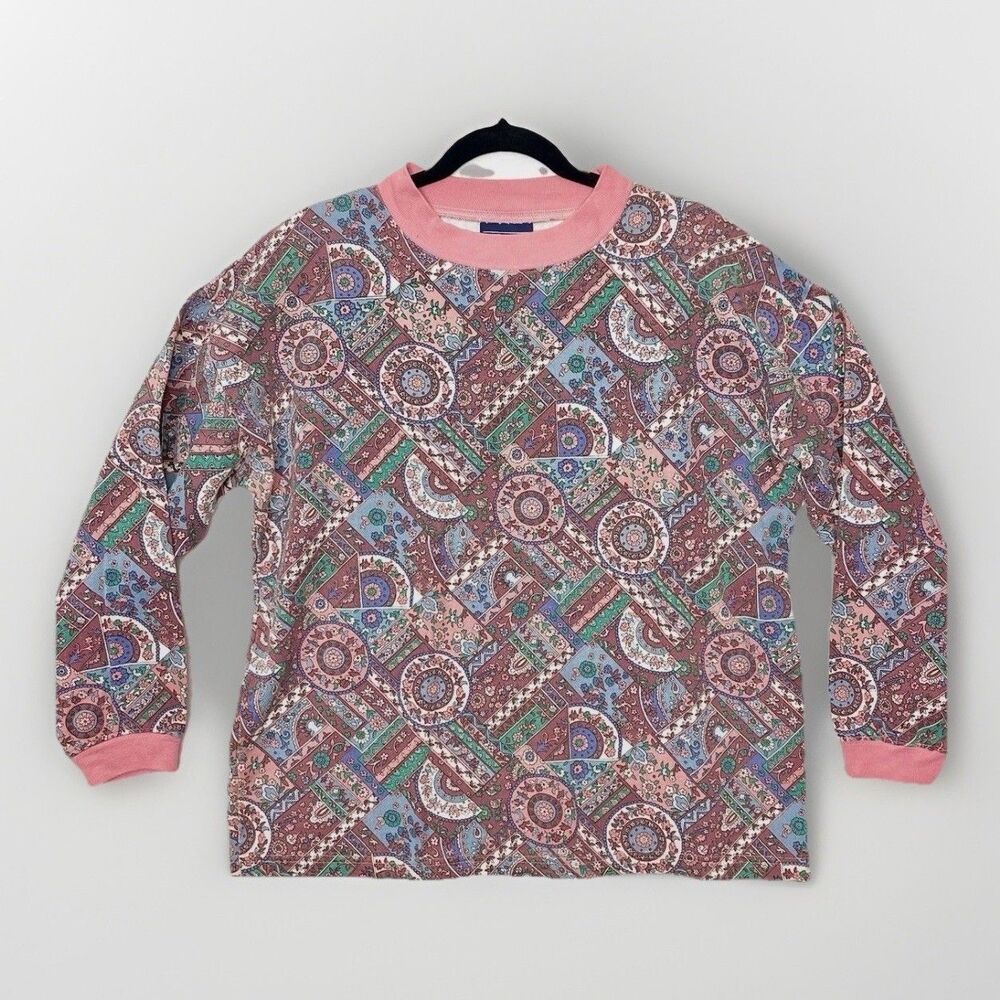 Vintage 90s Made in USA Blanket Print Woven Cotton Twill Pullover Sweater Top M